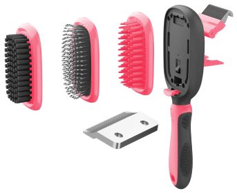 Pet Life 'Conversion' 5-in-1 Interchangeable Dematting and Deshedding Bristle Pin and Massage Grooming Pet Comb - Pink