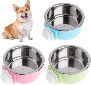 Crate Dog Bowl; Removable Stainless Steel Hanging Pet Cage Bowl Food & Water Feeder Coop Cup for Cat; Puppy; Birds; Rats; Guinea Pigs - blue