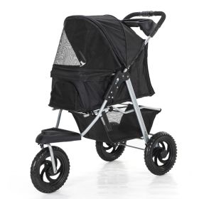 Three Wheel Folding Pet Stroller, Dog Jogger Travel Cats Carrier Adjustable Canopy Storage Brake Mesh Window - black