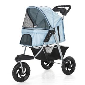 Three Wheel Folding Pet Stroller, Dog Jogger Travel Cats Carrier Adjustable Canopy Storage Brake Mesh Window - light blue