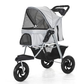 Three Wheel Folding Pet Stroller, Dog Jogger Travel Cats Carrier Adjustable Canopy Storage Brake Mesh Window - gray