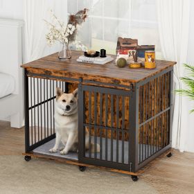 Furniture dog crate sliding iron door dog crate with mat. (Rustic Brown,43.7''W x 30''D x 33.7''H). - Rustic Brown